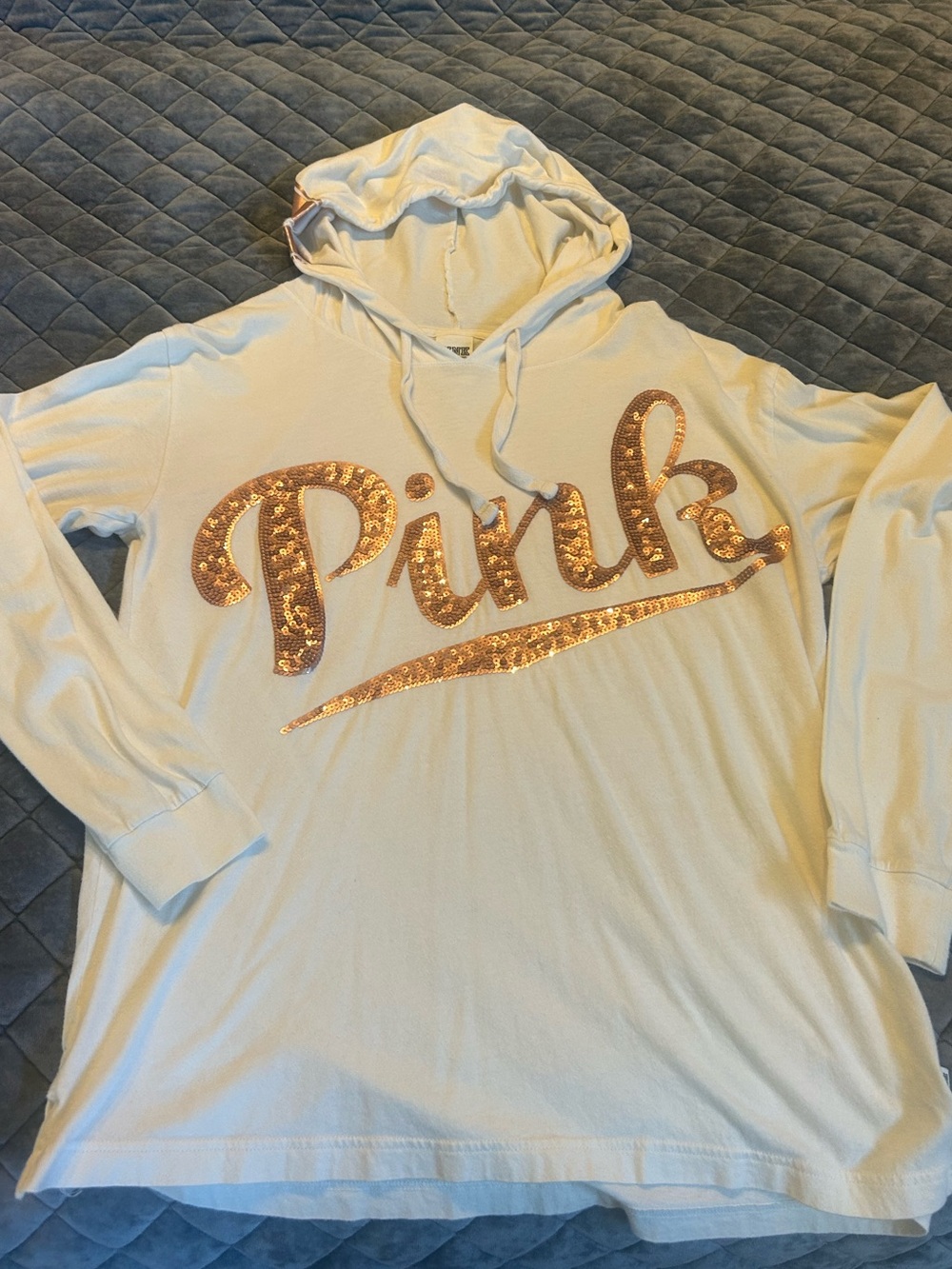 PINK Victoria's Secret Cream Hooded Tee with Rose Gold Sequin Script